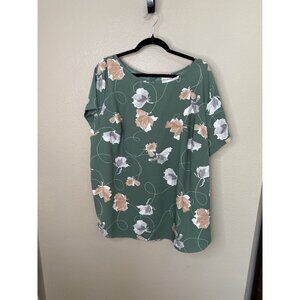 Ava & Viv Womens Green Blouse 2X floral button short sleeve polyester plus size